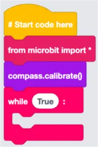 The EduBlocks coding area with the import, compass calibration and while loop