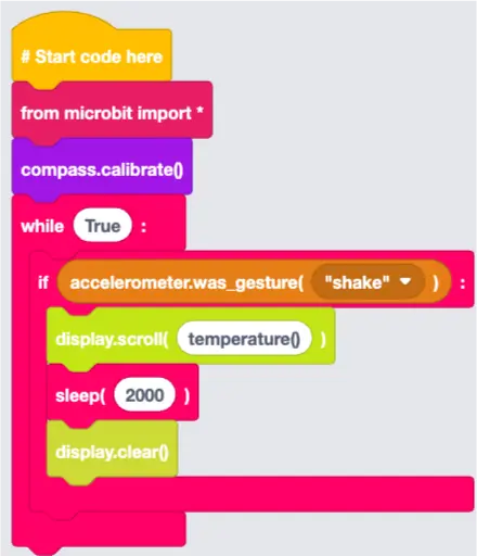 The EduBlocks code that displays the temperature after a shake