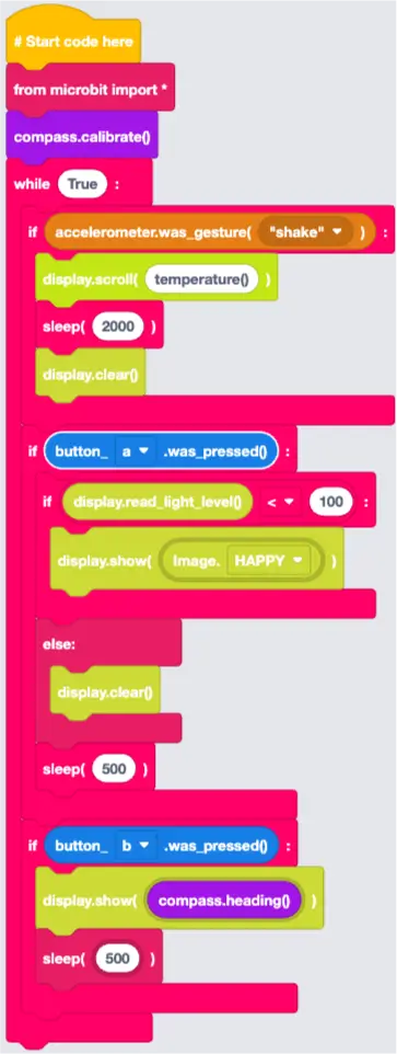 The EduBlocks code that displays the compass heading as a number