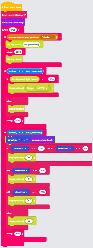 The finished EduBlocks compass code showing N, E, S or W