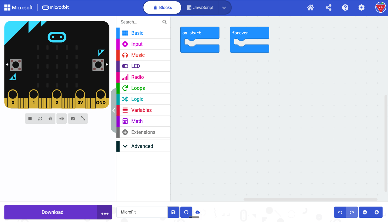 The MakeCode coding area with the on start and forever blocks