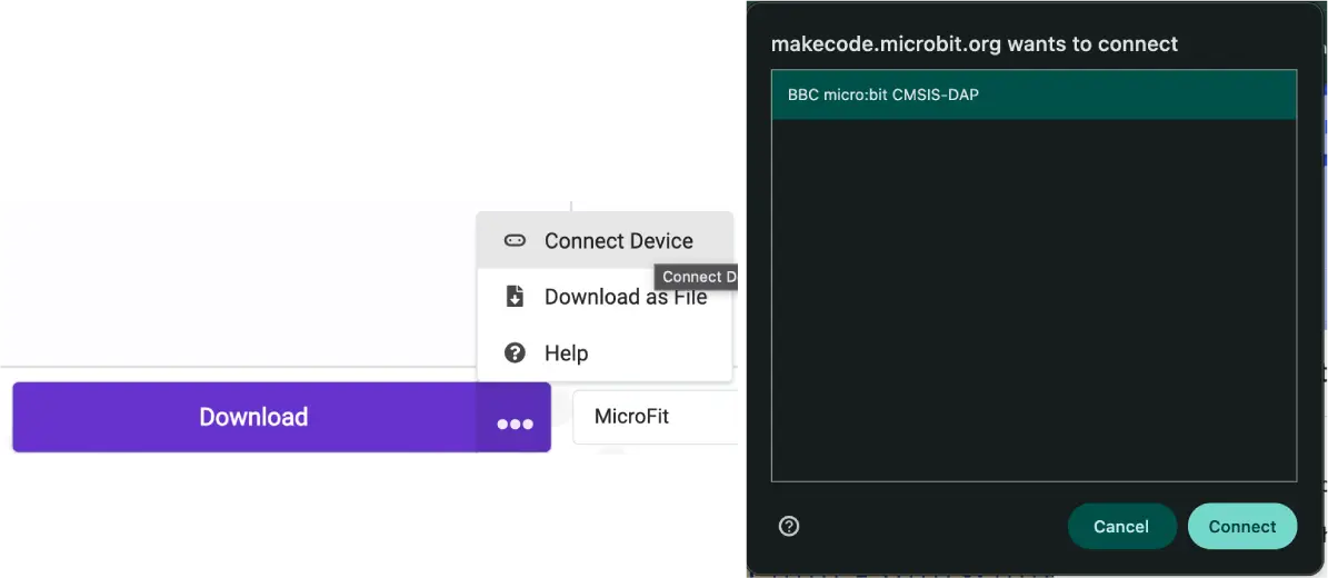 The MakeCode screen with the device connection menu open