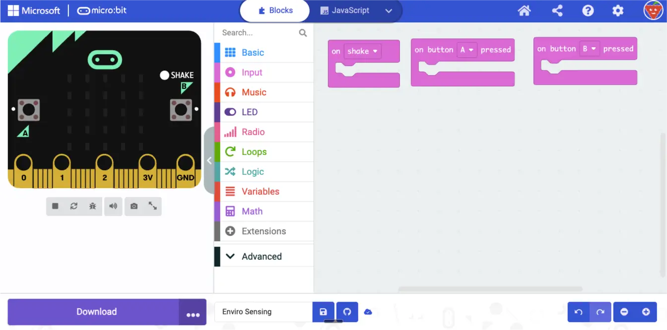 The coding area with the shake, button A and button B event blocks