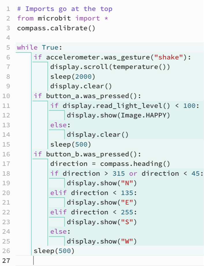The finished Python compass code showing N, E, S or W