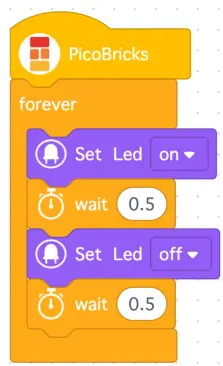 The completed block code for the blinking LED