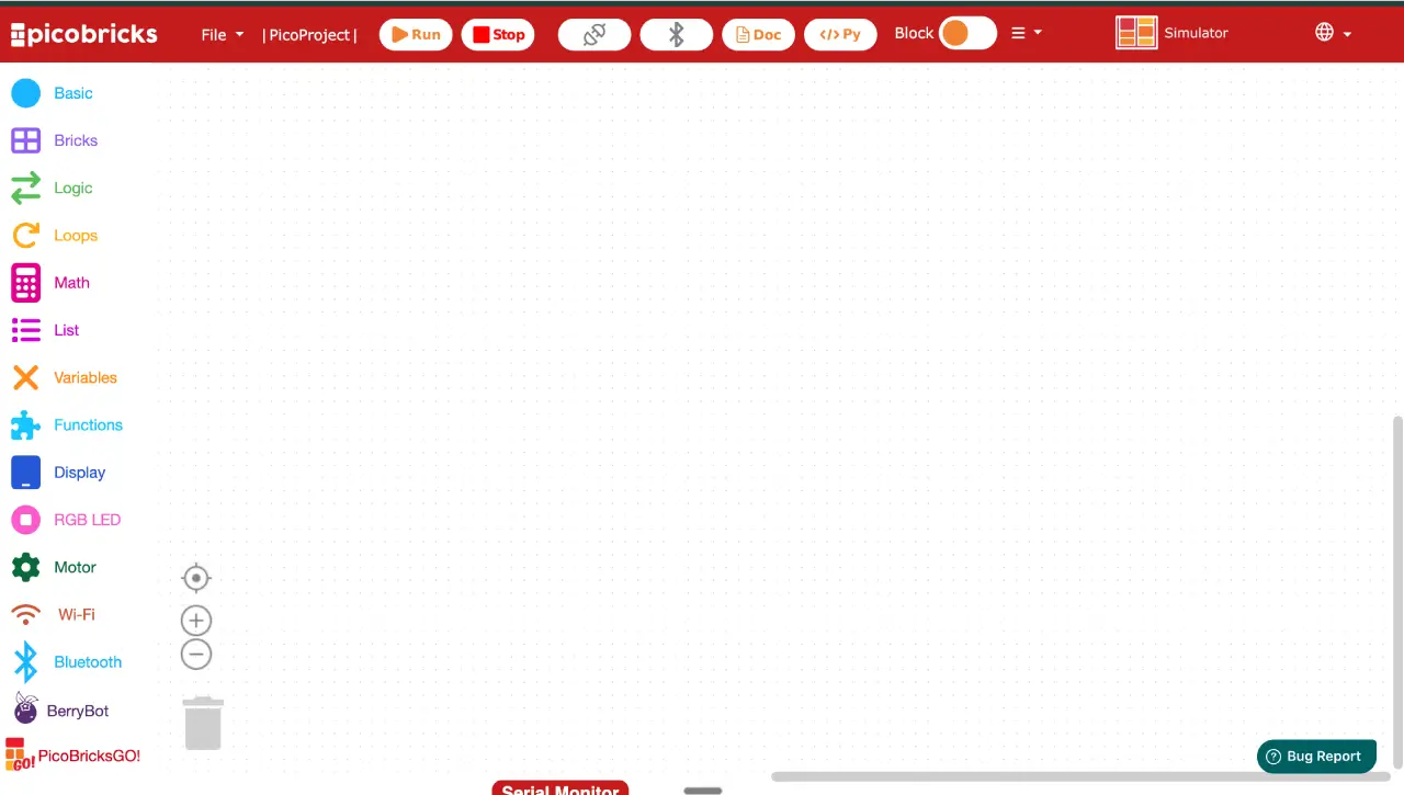 The PicoBricks Brick IDE coding environment