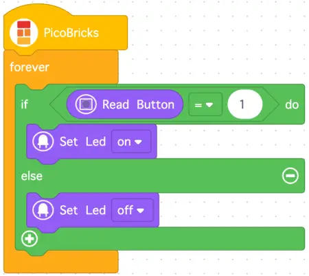 The completed block code for the button-controlled LED